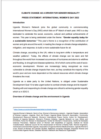 IWD 2022 Press Statement Climate Changes as a Driver for Gender Inequality.